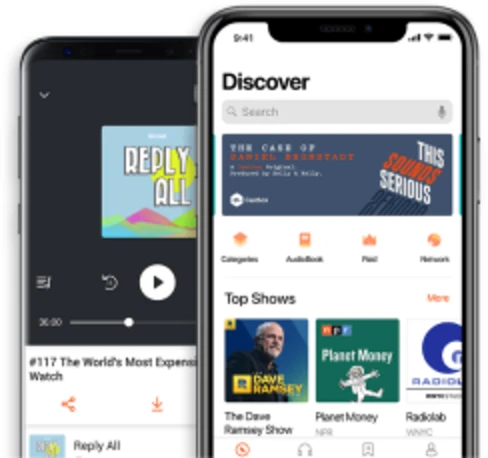Two phones showing the Castbox player and discover screens