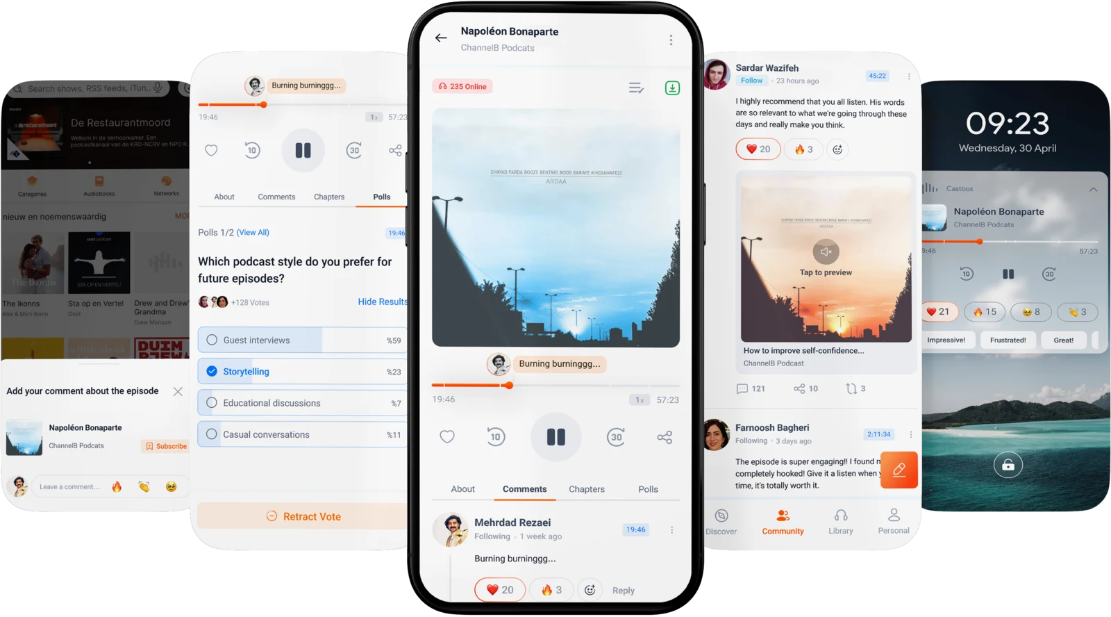 Castbox app screens shown across three phones