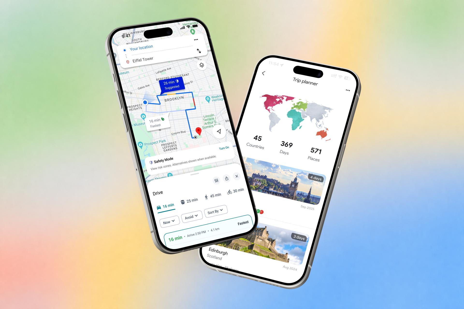 Google Maps redesign for travelers — mobile screens