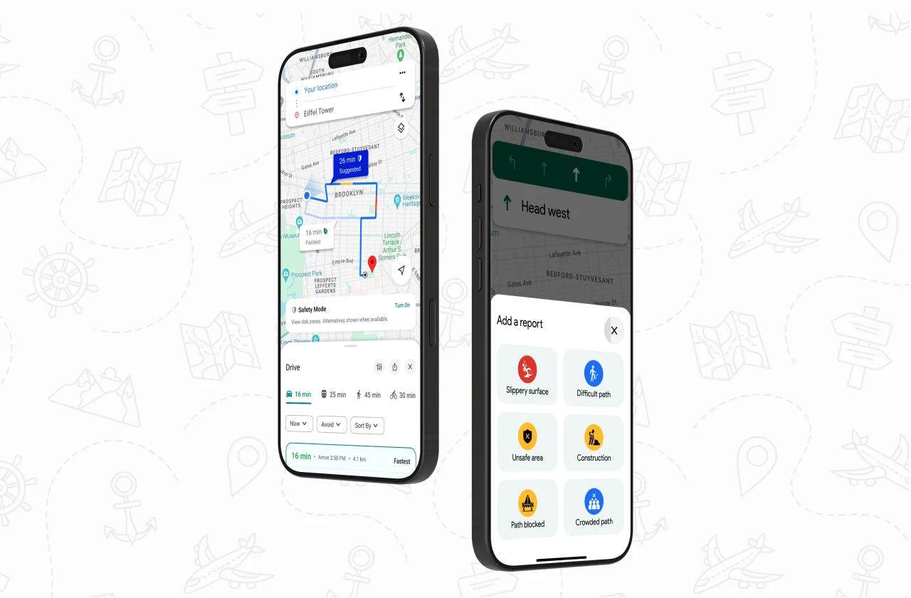 Two iPhones showing the redesigned Google Maps route screen and the new 'Add a report' sheet, over a travel-doodle backdrop