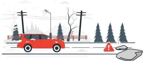 Illustration of a car skidding off a snowy road past a warning sign