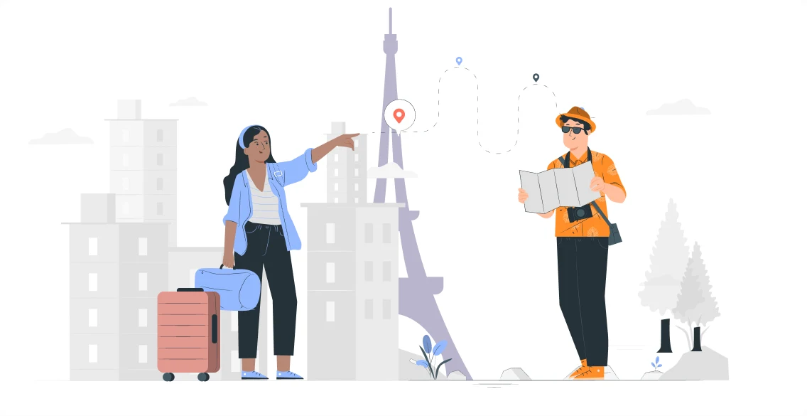 Two travellers — one pointing out a landmark, one reading a paper map — in front of a stylised city skyline