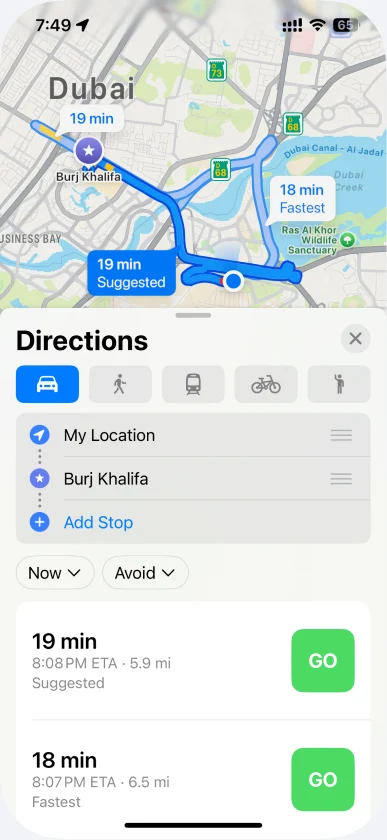 Apple Maps showing each route option listed separately with its own details
