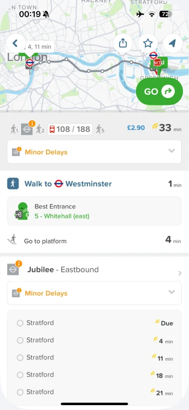Citymapper showing public transport delays and multiple route options