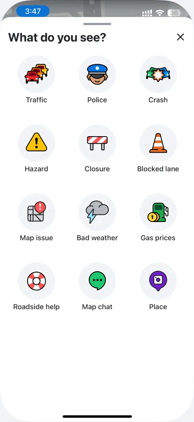 Waze's 'What do you see?' real-time reporting sheet
